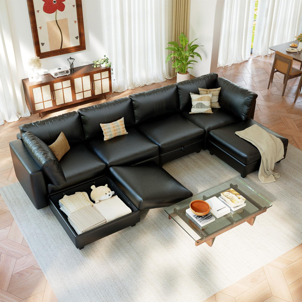 128" 6 Seat Modular Sectional Sofa, Convertible L & U Shaped Couch with Storage, Modern Leather Couch with Ottomans, Faux Leather Sectional Couches for Living Room, Office, Apartment, Black