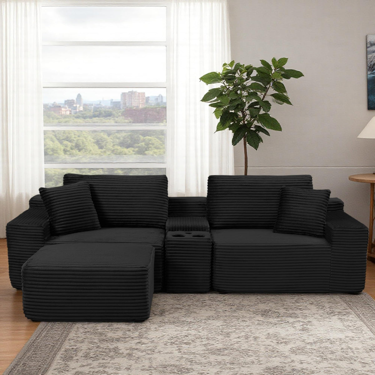 111" L Shape Boneless Couch with Cup Holders & USB Ports, 3 Seater Sectional Modular Couch with Storage Ottoman, Compressed Sofa Boneless Loveseat with for Living Room & Apartment, Jet Black