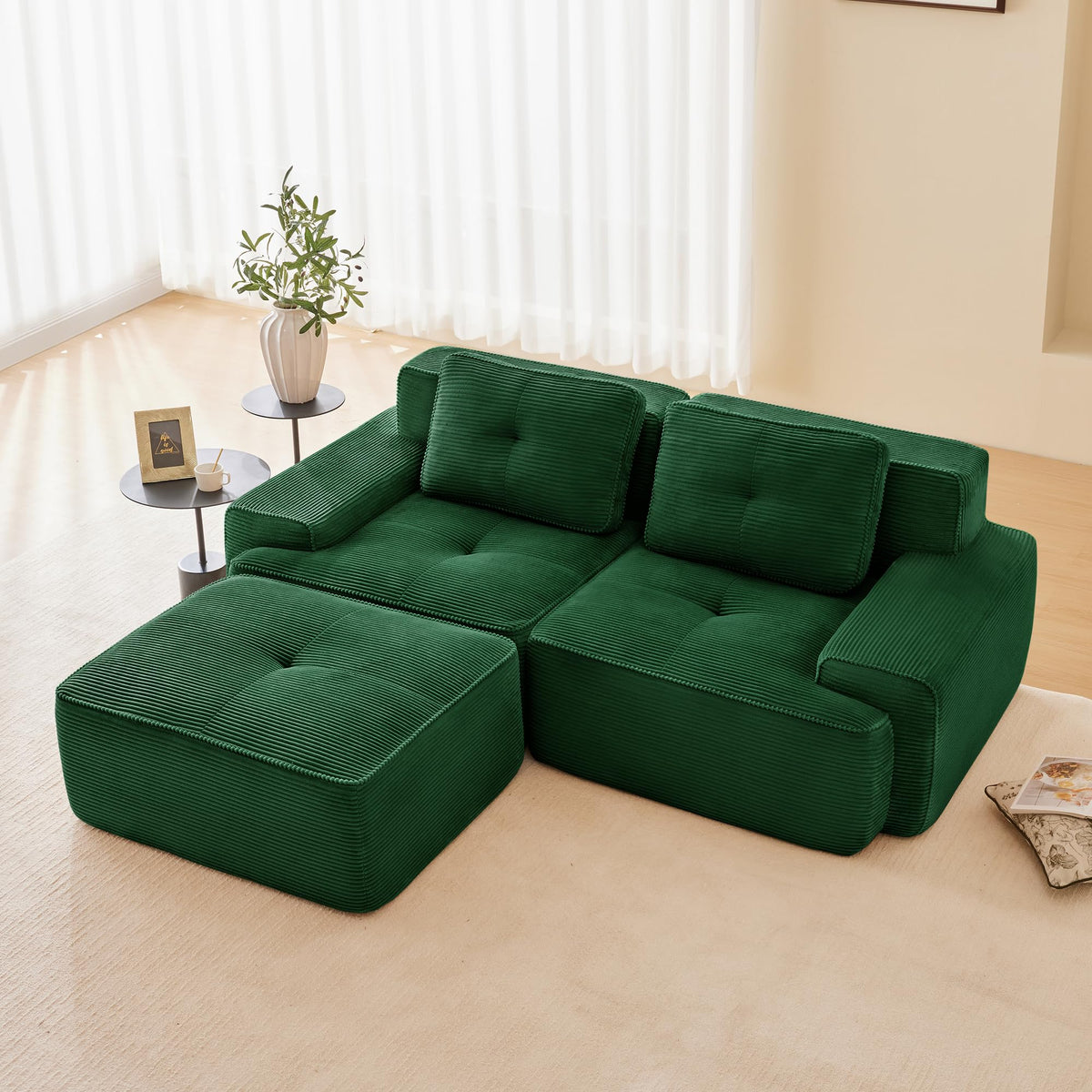 Tidyard 8? Modern L-Shaped Modular Sectional Sofa for Living Room, Corduroy Fabric 2-Seater with Deep Seat, Movable Ottoman, Tufted Design, No Assembly, Anti-Slip Base, Green