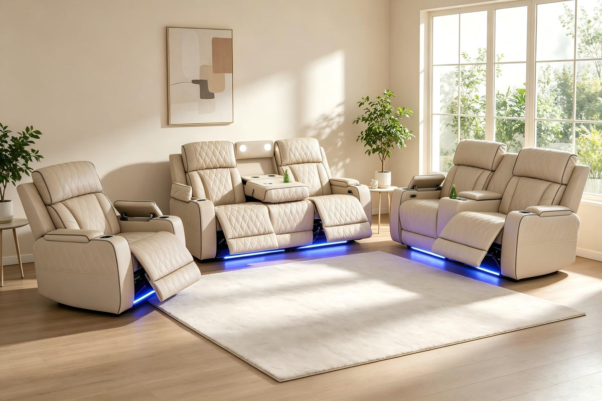 A Ainehome Power Leather Recliner Sofa Set with LED Lights, Recliner Sofa Sectional Couches for Living Room, Reclining Sofa, loveseat, Chair with USB Port/Storage Console/Cup Holder(black,3-piece set)