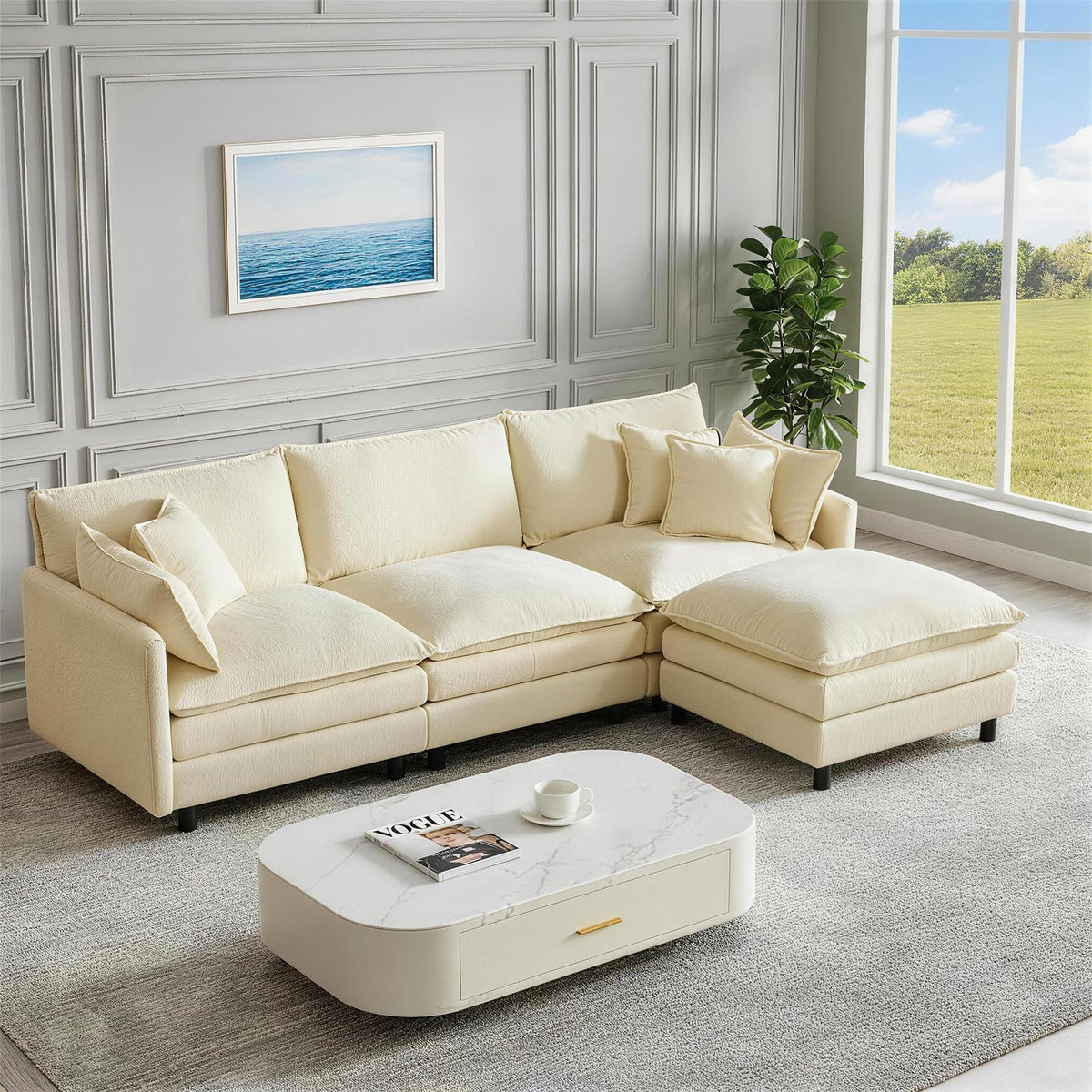 102" Modular Sectional Sofa, Chenille Couch with Ottoman,Beige (1, Camel, 110)