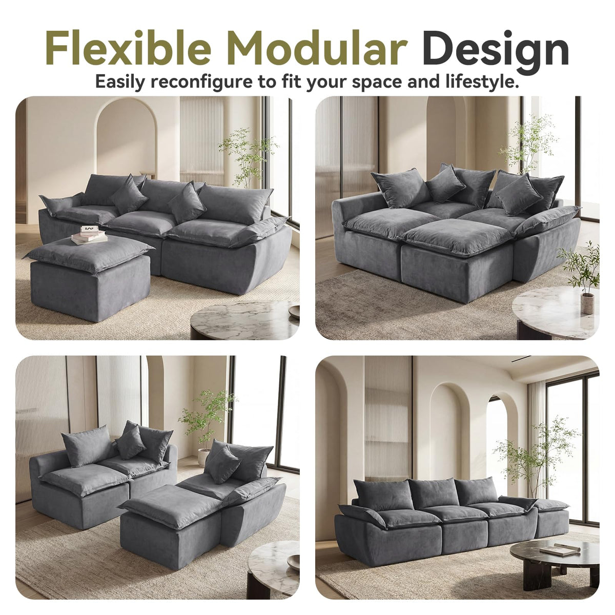 108" Modular Sectional Sofa, 3-Seater Cloud Couch with Moveable Ottoman, L-Shaped Boneless Sofa, Deep Seat Comfy Couches for Living Room Bedroom, No Assembly Required, Gray