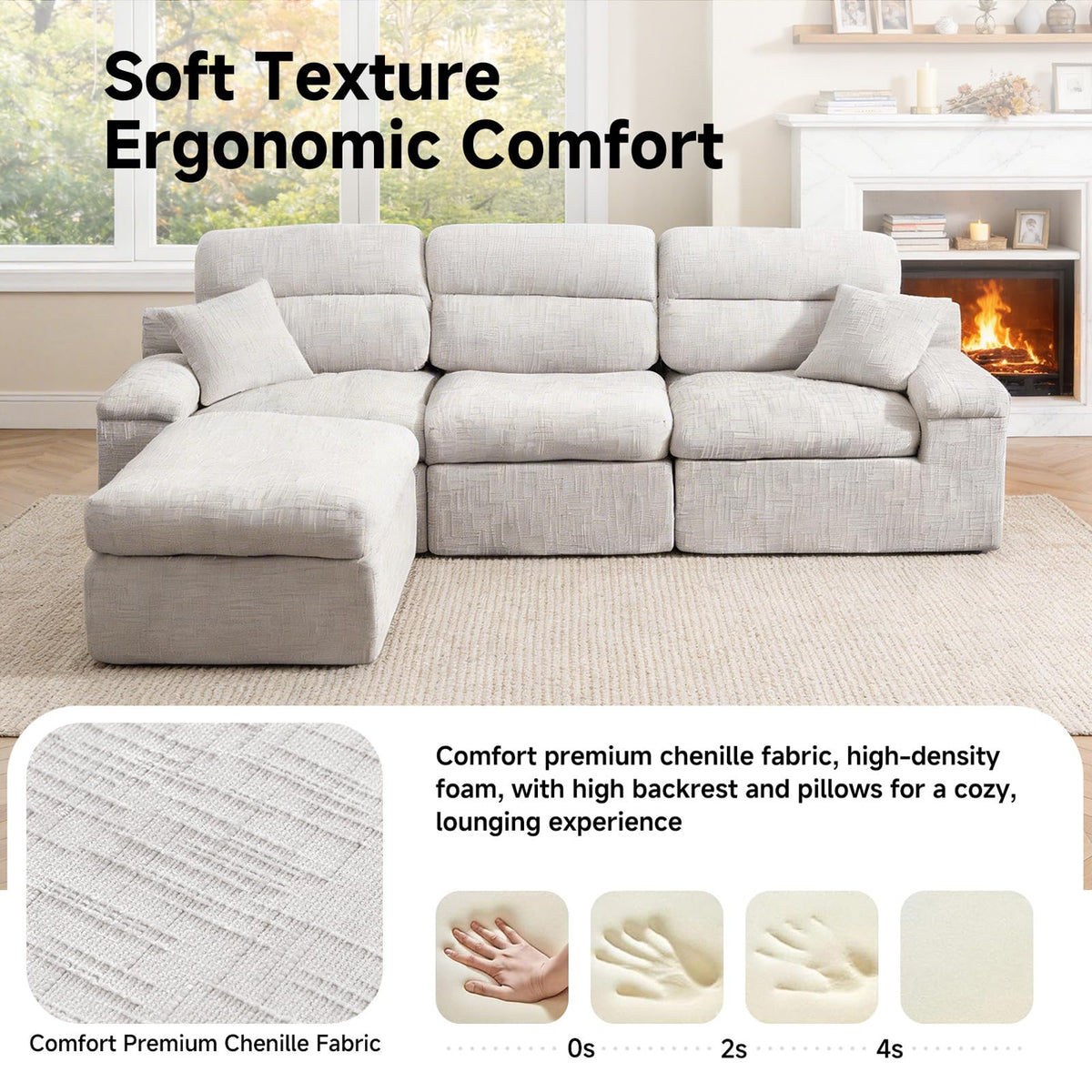 110" Sectional Boneless Sofa with Ottoman, L-Shaped Couch Bed No-Assembly Modular Sofa