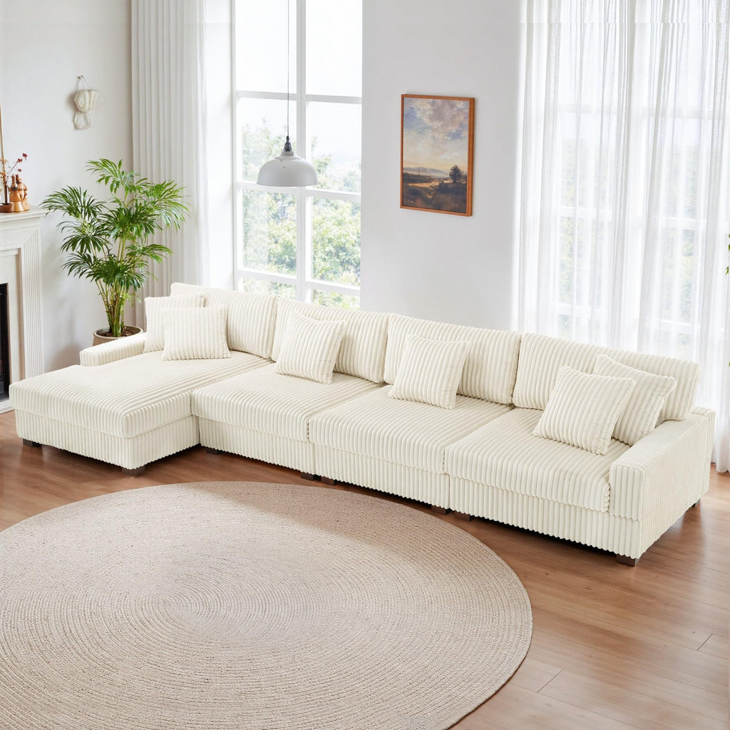 118.3" L-Shaped Modular Sectional Sofa with Chaise, Comfy Corduroy Fluffy Couch with Deep Seat, Flexible Module Combination for Living Room, Cotton Flannel Light Brown