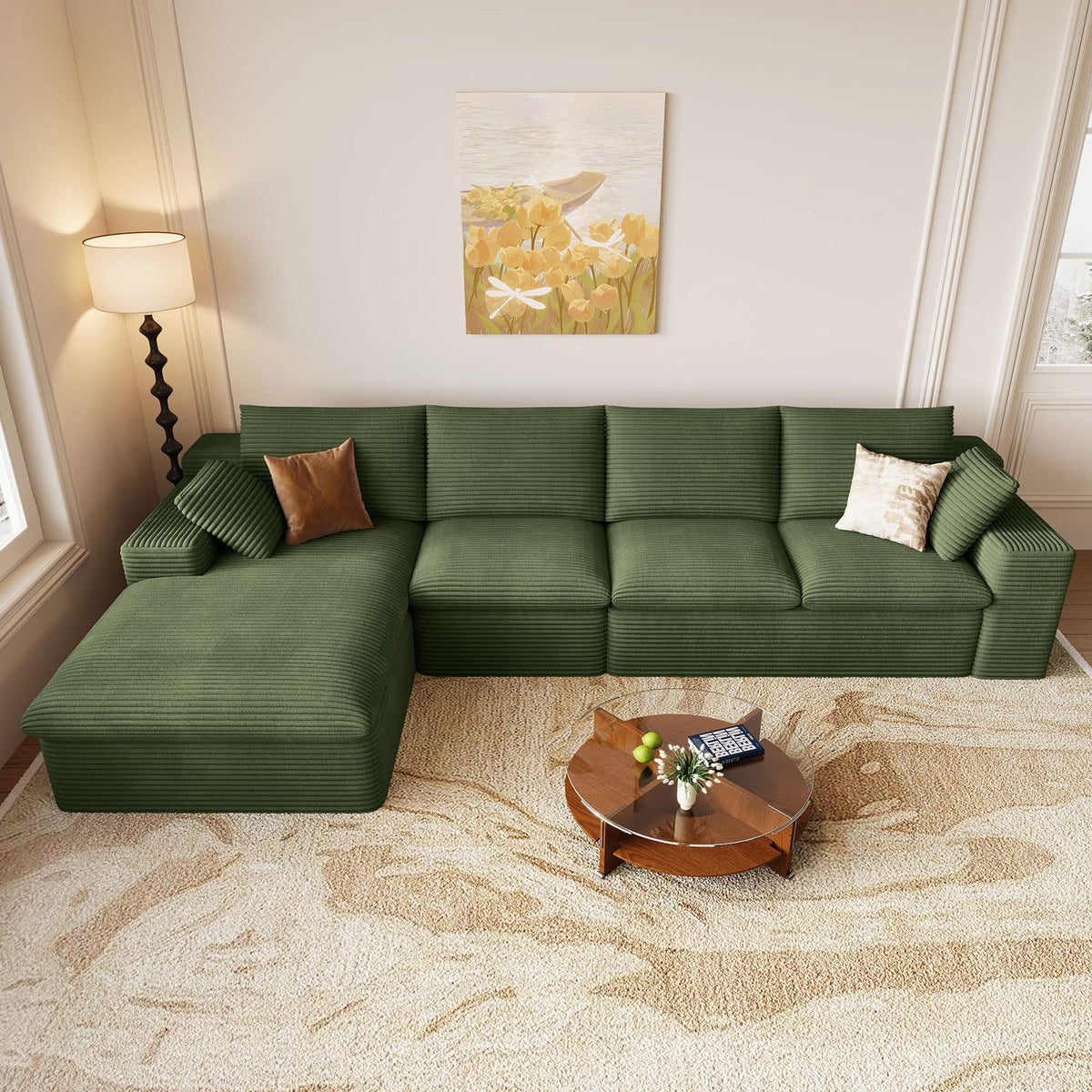 107" Cloud Couch Modular Sectional Couchs with Chaise Lounge, U-Shape Boneless Couches with Ottoman for Living Room, Corduroy Sofa with Deep Seat, No Assembly Required (Green, Left Facing Chaise)