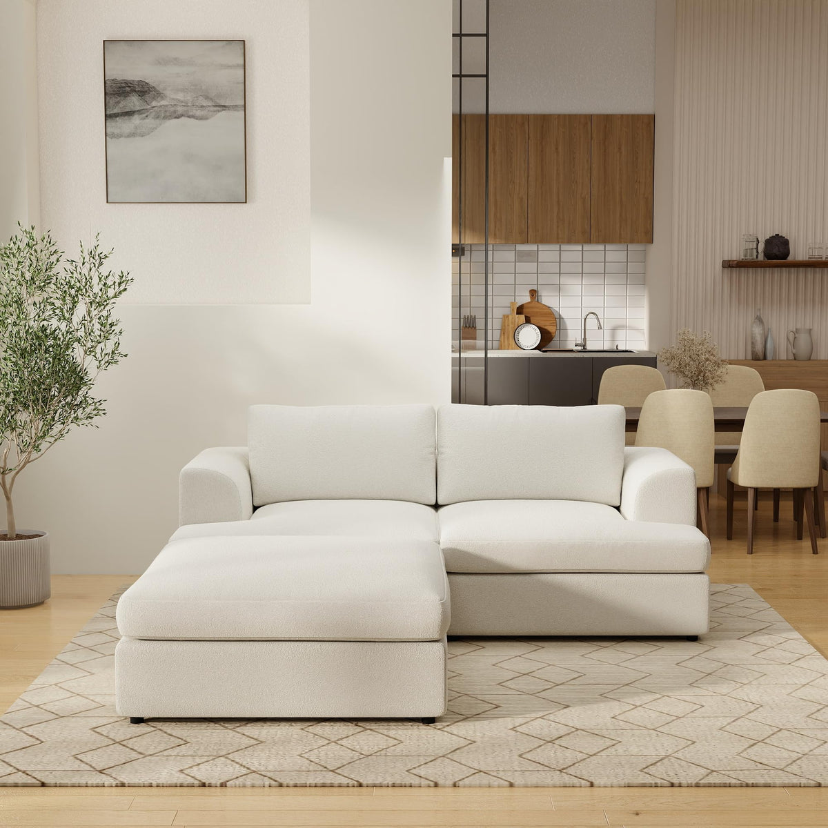 WJShome Modular Sectional Couches, V-Shaped Cloud Couch with Ottoman, High Density Sponge Cushion Sleeper Sofa Bed, Wooden Frame, Sherpa Fabric Sofa Furniture for Living Room, Apartment, White