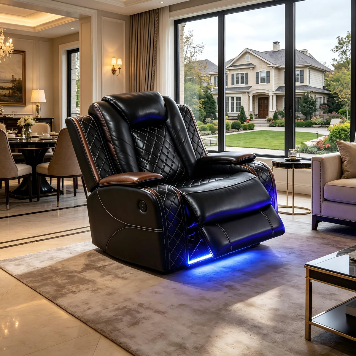 A Ainehome Power Leather Recliner Sofa Set with LED Lights, Recliner Sofa Sectional Couches for Living Room, Reclining Sofa, loveseat, Chair with USB Port/Storage Console/Cup Holder(black,3-piece set)