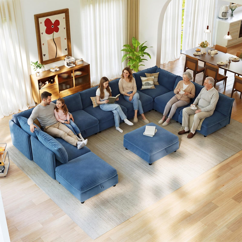 10 Seat Oversized Modular Sectional Couch Bed with Hidden Storage and Movable Ottomans Corduroy Upholstered Deep Seat for Sectional Couches for Living Room Bedroom, Blue