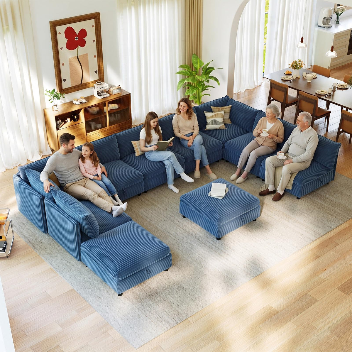 10 Seat Oversized Modular Sectional Couch Bed with Hidden Storage and Movable Ottomans Corduroy Upholstered Deep Seat for Sectional Couches for Living Room Bedroom, Blue