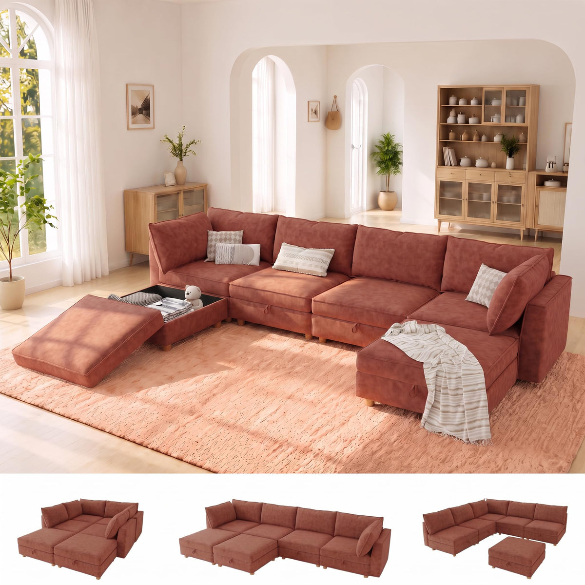 128'' Modular Sectional Sofa,8 Seat Chenille Sectional Sofa with Washable Covers,FSC Certified Modern Sectional Sofa with Storage & Ottoman,Convertible U/L Shaped Couch,Beige Couches for Living Room