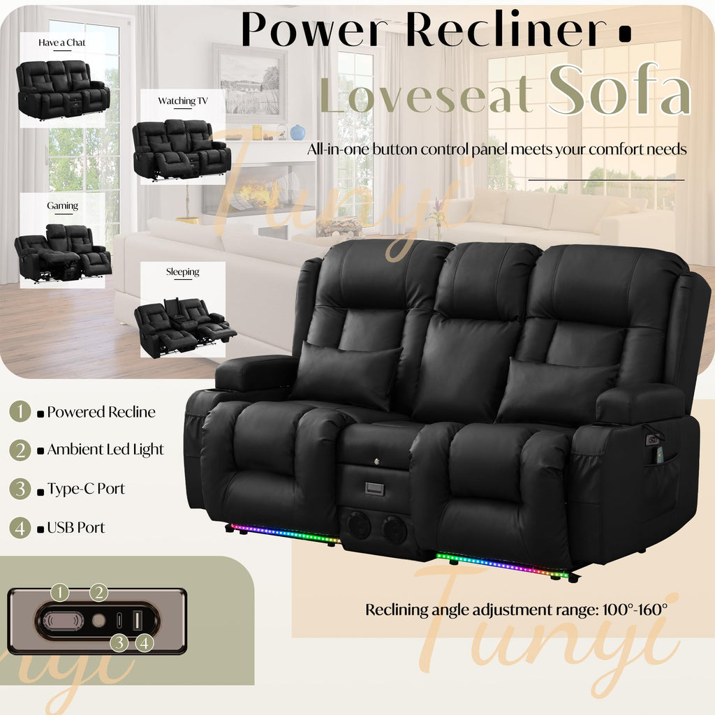 TUNYI Power Loveseat Recliner Sofa, Faux Leather Reclining Sofa with Console RV Reclining Loveseat Couch with USB/Outlet/Storage/Side Pocket/LED Light/Speaker (Black, Loveseat)
