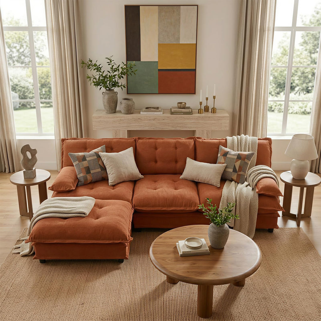 107.5" Modular Sectional Sofa-Chenille Deep 3 Seater L-Shaped Cloud Couch with Ottoman, Button Seat Cushions for Living Room & Apartment, Orange