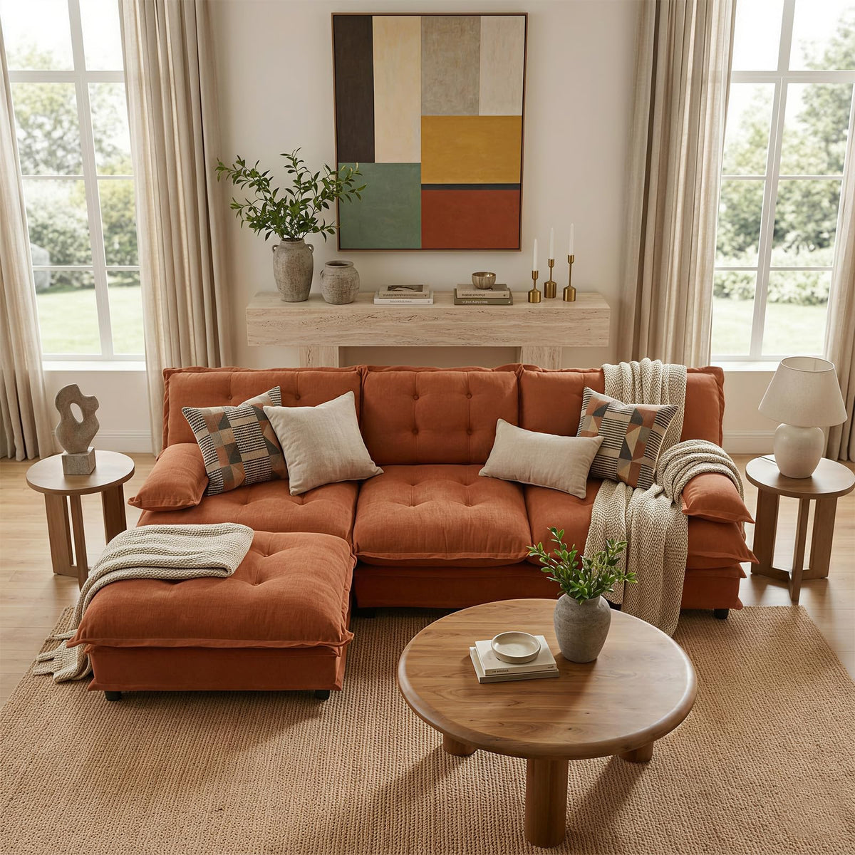 107.5" Modular Sectional Sofa-Chenille Deep 3 Seater L-Shaped Cloud Couch with Ottoman, Button Seat Cushions for Living Room & Apartment, Orange