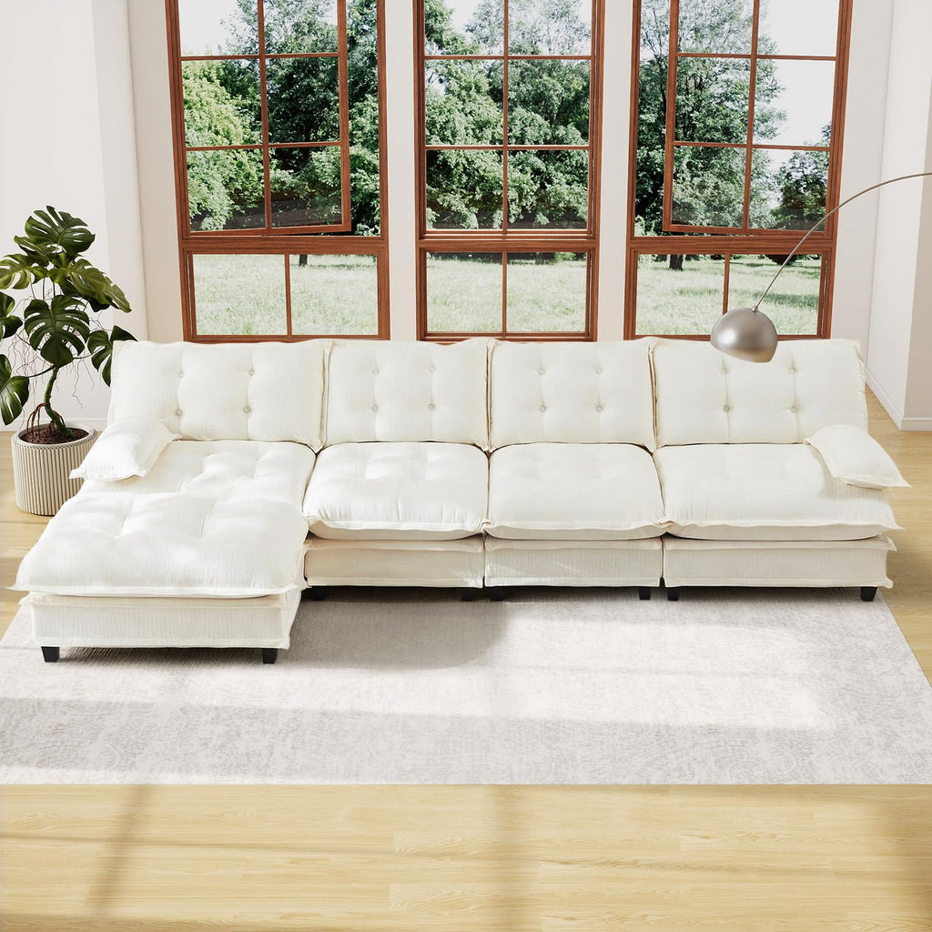 107.5" Modular Sectional Sofa-Chenille Deep 3 Seater L-Shaped Cloud Couch with Ottoman, Button Seat Cushions for Living Room & Apartment, Orange