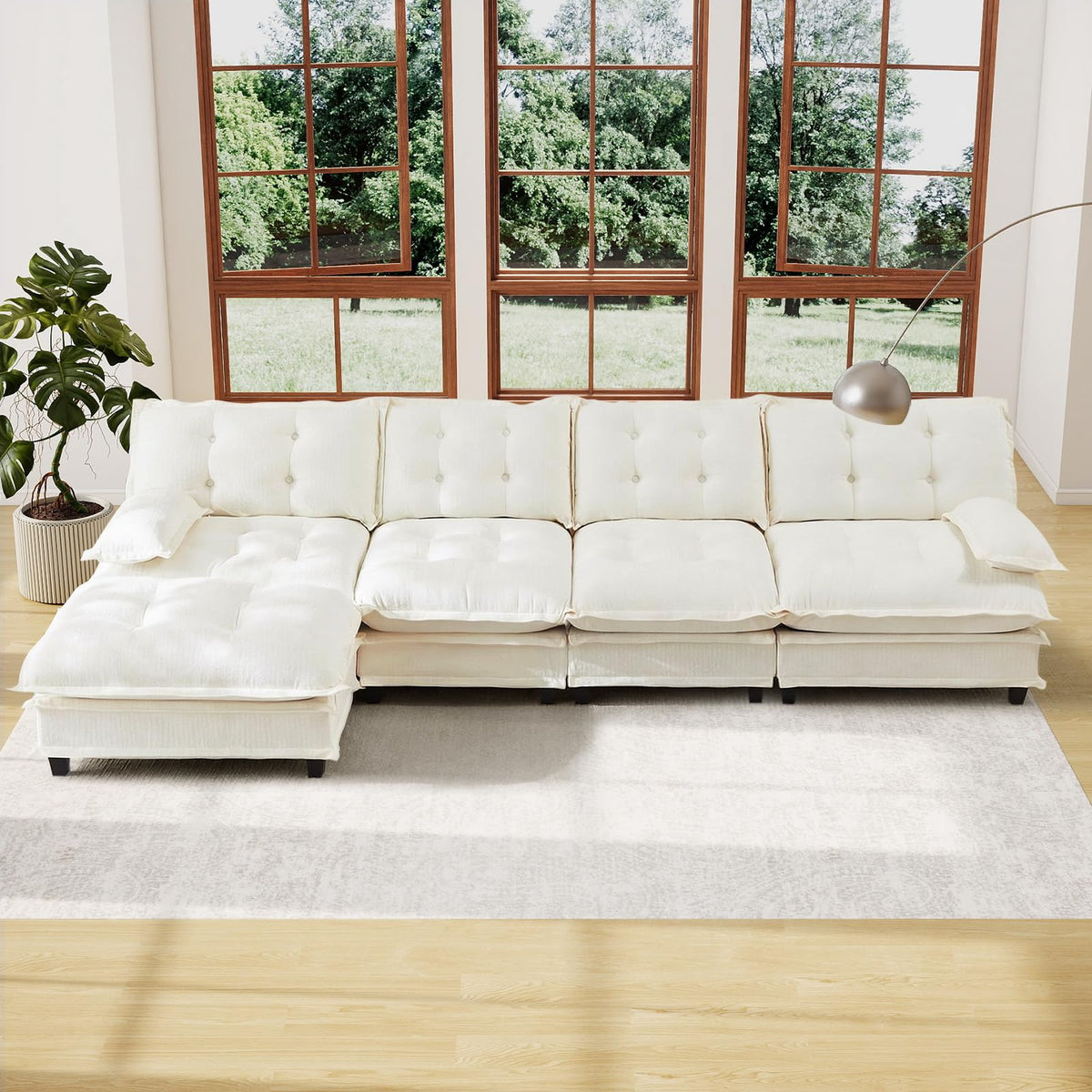 107.5" Modular Sectional Sofa-Chenille Deep 3 Seater L-Shaped Cloud Couch with Ottoman, Button Seat Cushions for Living Room & Apartment, Orange