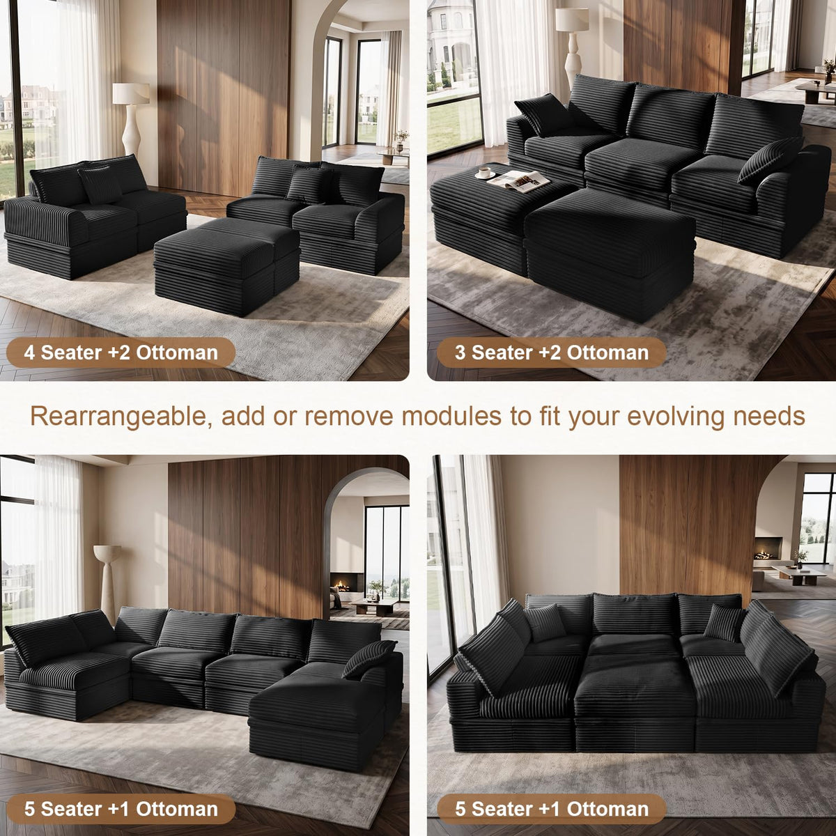Upgraded Boneless Couch with Storage, 107" Modular Sectional Sofa Couches for Living Room, Extra Deep&High 3 Seater U-Shaped Boneless Sofa with Ottoman, Tool-Free Assembly, Black