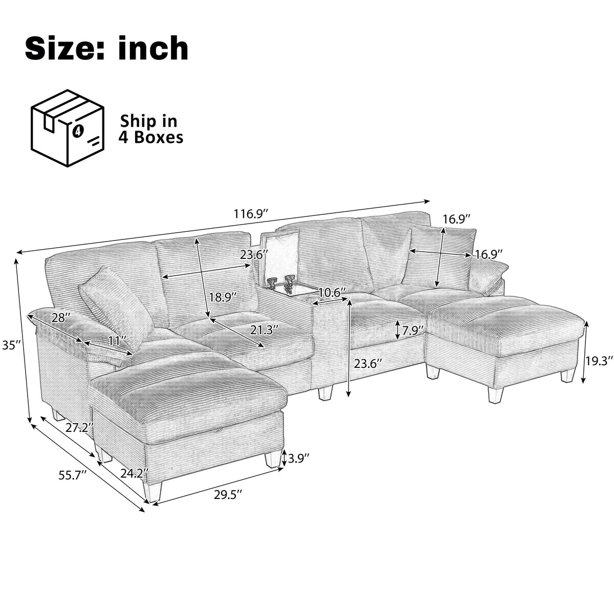 U Shaped Sofa 116.9" Sectional Sofa Corduroy Upholstered Sofa Couch with Storage Ottomans, Cup Holders and USB Ports for Living Room, Brown