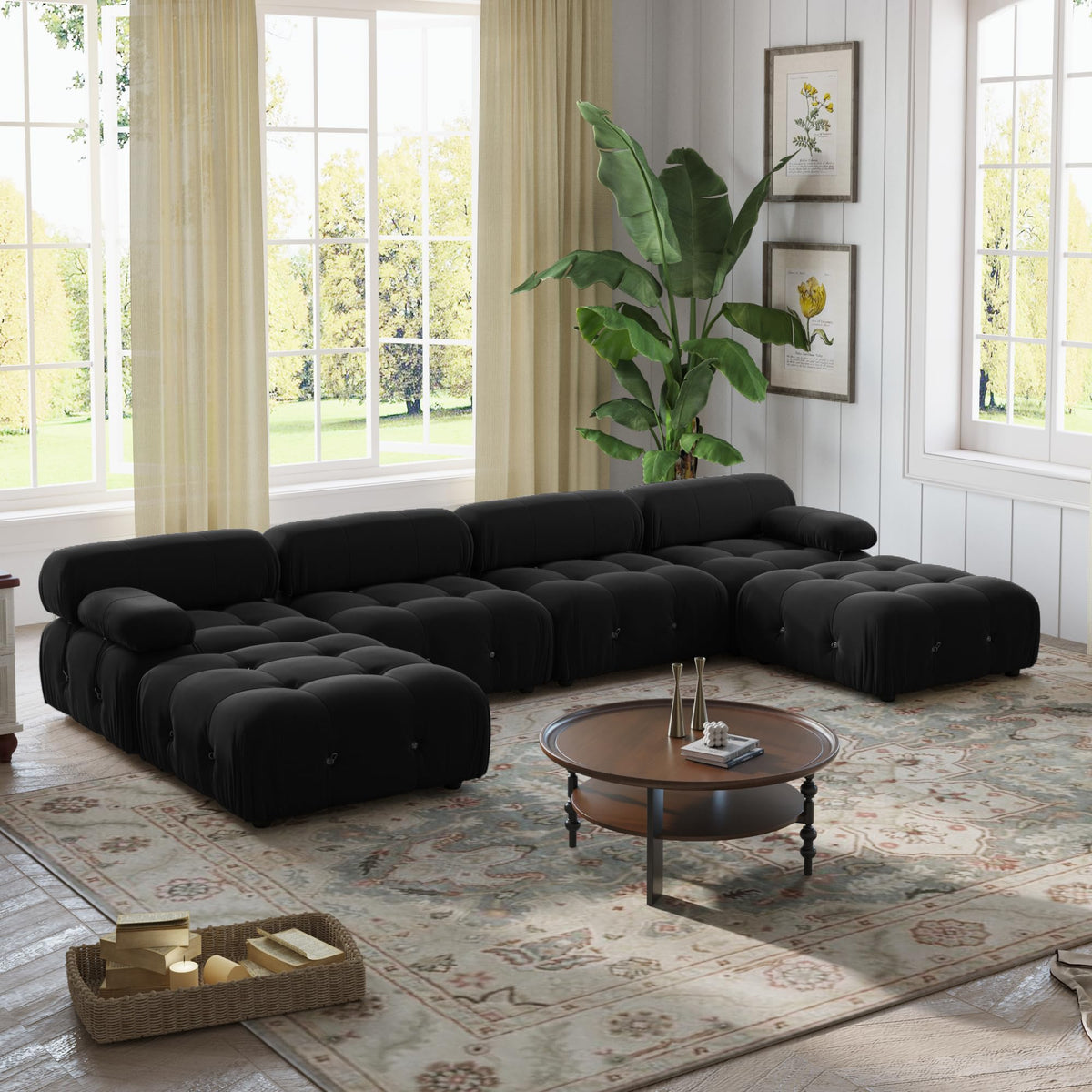 WJShome Modular Sectional Sofa,Velvet U Shaped Couch with Reversible Chaises,138.60 inch Minimalist Couch,4 Seater Free Combination Sofa with 2 Ottoman,Black