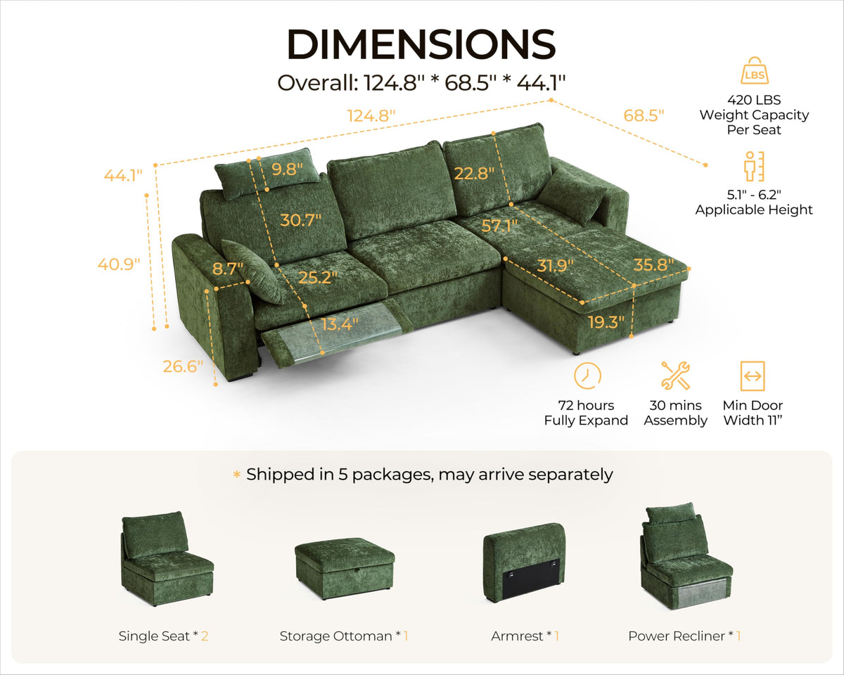 125" Modular Power Reclining Sectional 3 Seater Sofa with Ottoman, Chenille