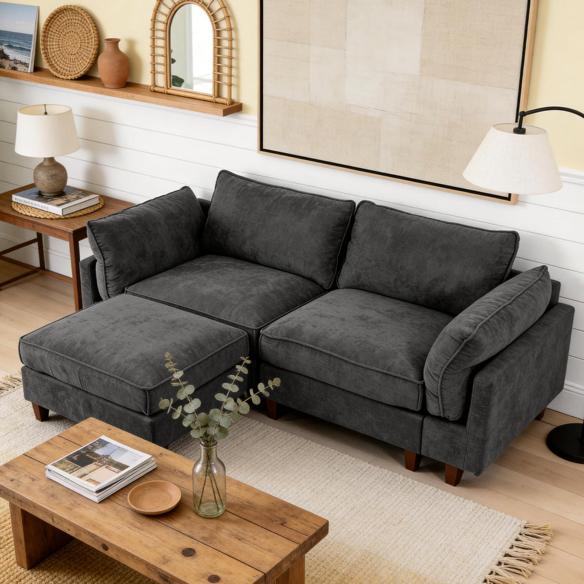 126" L Shaped Faux Leather Couch with Deep Seat for Living Room, Grey