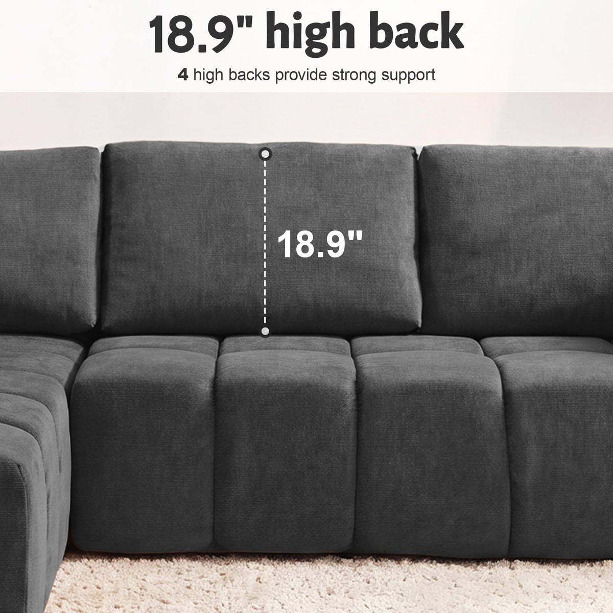 116" Modular Boneless Couch for Living Room, Modern Sectional Chenille Sofa with Oversized Deep Seat,Cloud Couch with L-Shape Chaise,No Assembly Required,Gray