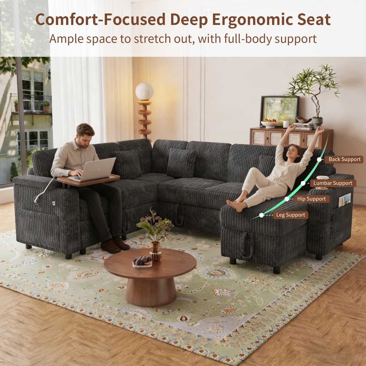 100" U Shaped Modular Sectional Couch with USB Ports, Cup Holders & Folding Table, Corduroy Fabric Sofa with Storage Seat, Comfortable Living Room Couch (Dark Gray)