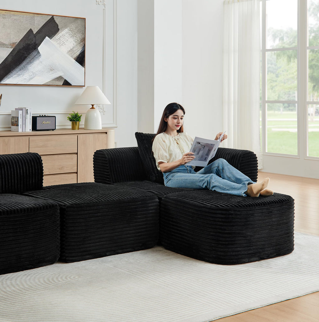 114" Cloud Sectional Couch with L Shape Chaise, Modular Sofa with Movable Ottoman, Upholstered Couches for Living Room Bedroom, No Assembly Required, Black