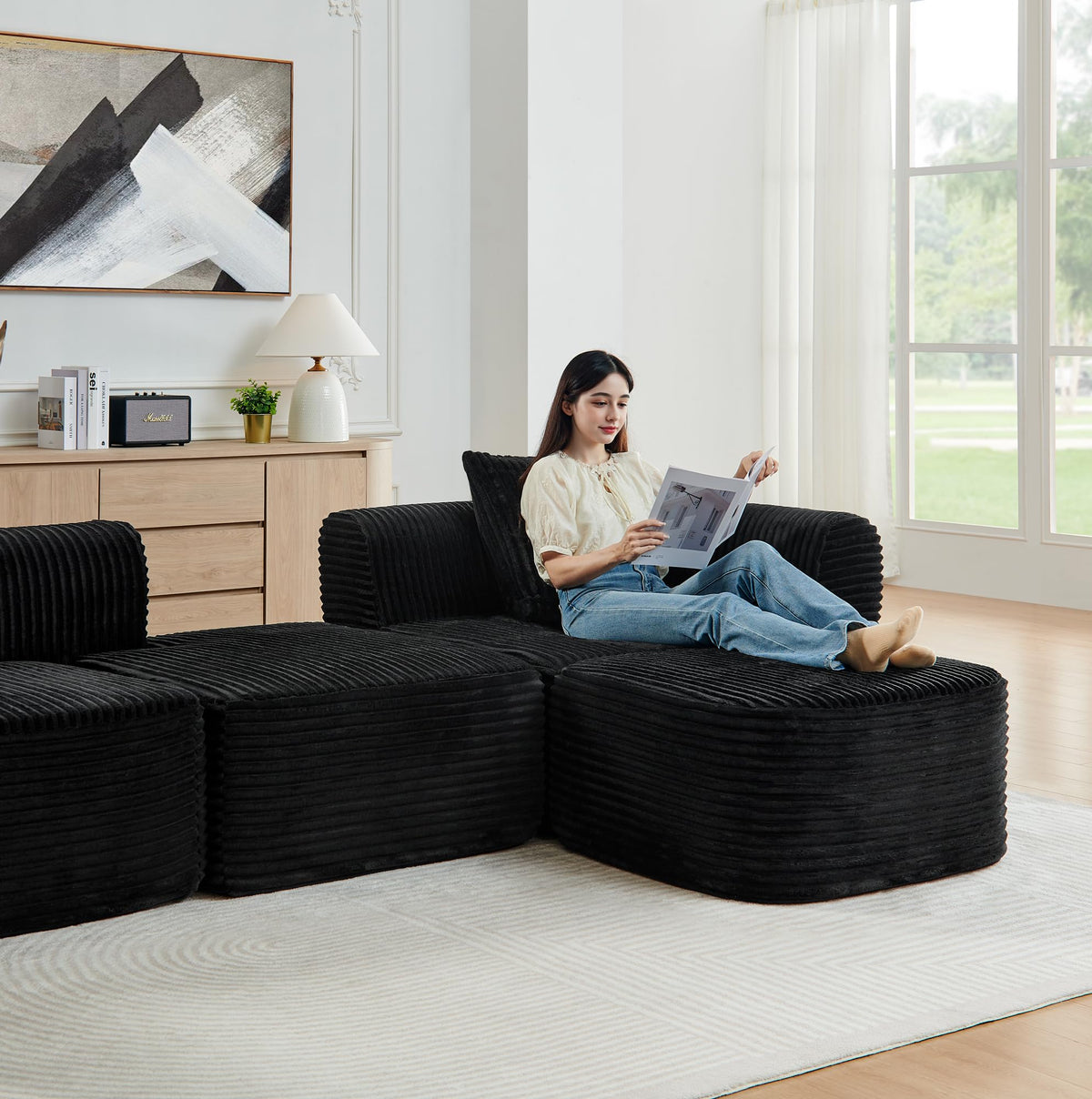 114" Cloud Sectional Couch with L Shape Chaise, Modular Sofa with Movable Ottoman, Upholstered Couches for Living Room Bedroom, No Assembly Required, Black