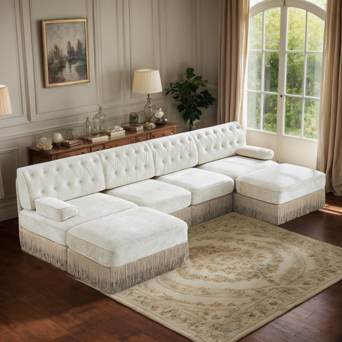 106'' Modern Chesterfield Style 3-Seater Sofa with 2 Ottoman, Upholstered Velvet Modular Sectional Sofa with Button Tufted, U Shape Deep Seat Cloud Sectional Couches for Living Room (Green)