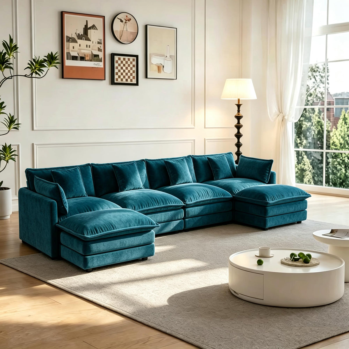 103.8" L-Shaped Sectional Sofa, Modular Chenille Cloud Couch, Deep Seat 4-Seat Sofa for Living Room with Ottoman & Pillow, Easy Assembly, Blue