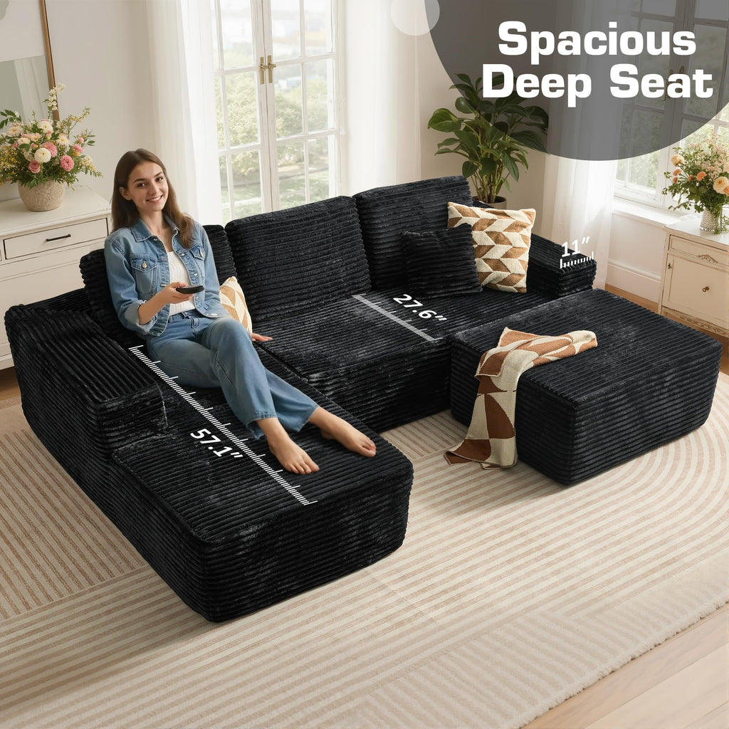 106" Cloud Sectional Couch with L-Shape Chaise & Ottoman, No Assembly Modular Sofa, Deep Seat Plush Corduroy Boneless Couched for Living Room (Black Plush Corduroy, L Shape with Ottoman-Left Facing)