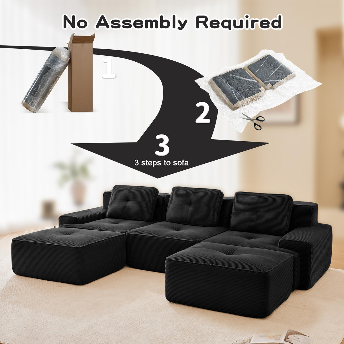 Tidyard 11? Modern U-Shaped Modular Sectional Sofa for Living Room, Corduroy Fabric 3-Seater with Deep Seat, Movable Ottoman, Pearl Piping, Tufted Design, No Assembly, Anti-Slip Base, Black