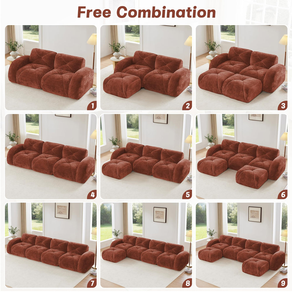 U Shaped Boneless Sofa,Tufted Design,32D High Density Sponge Bottom,Anti Slip Design,No Assembly Required,Free Combination,Movable Ottomans for Living Rooms,Home Theater,Red Brown