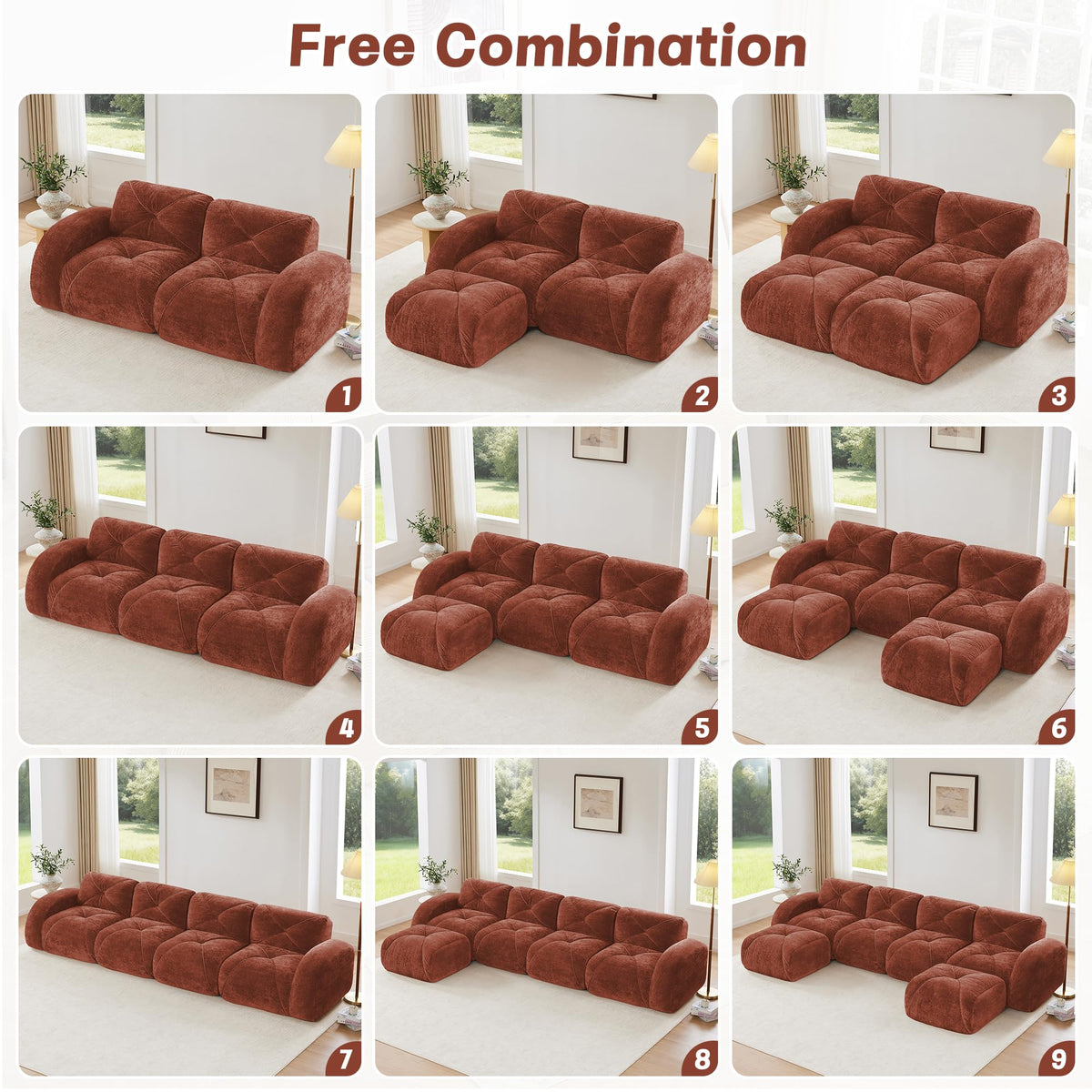 U Shaped Boneless Sofa,Tufted Design,32D High Density Sponge Bottom,Anti Slip Design,No Assembly Required,Free Combination,Movable Ottomans for Living Rooms,Home Theater,Red Brown