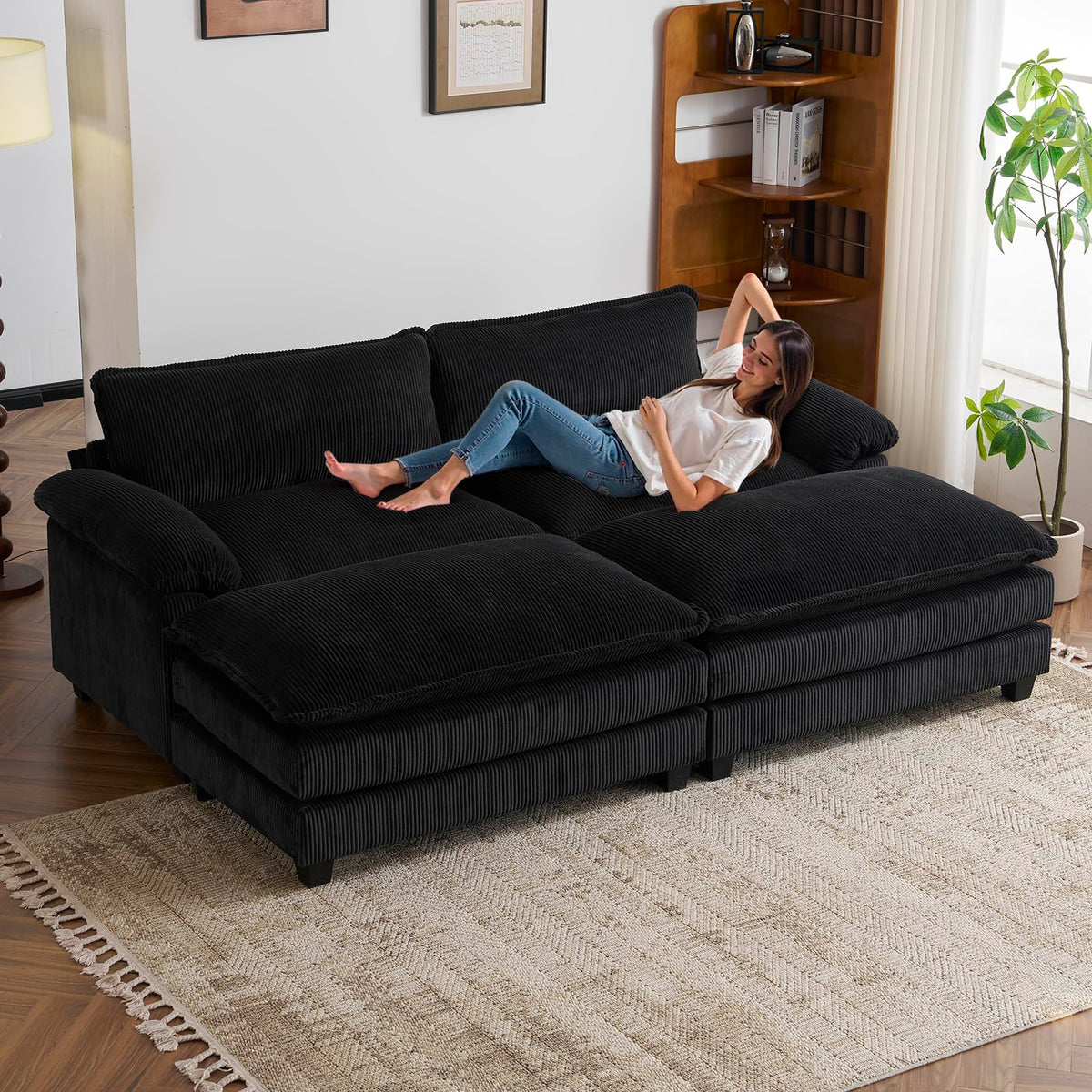 VINGLI Convertible Sectional Sofa with 2 Movable 2-Layer Ottoman Set, Comfy Cloud Sofa Bed with Deep Seat & Chaise, 2-Seater Modular Sleeper Couches, Loveseat for Living Room, Corduroy, Khaki