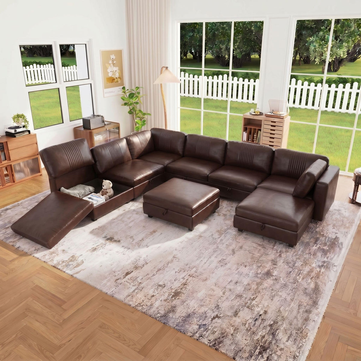 128" Faux Leather Modular Sectional Sofa with Storage, 8 Seater Waterproof & Scratch Resistant Leather Sectional Sofa, U Shaped Couch with Storage, Oversized Brown Sectional Couches for Living Room