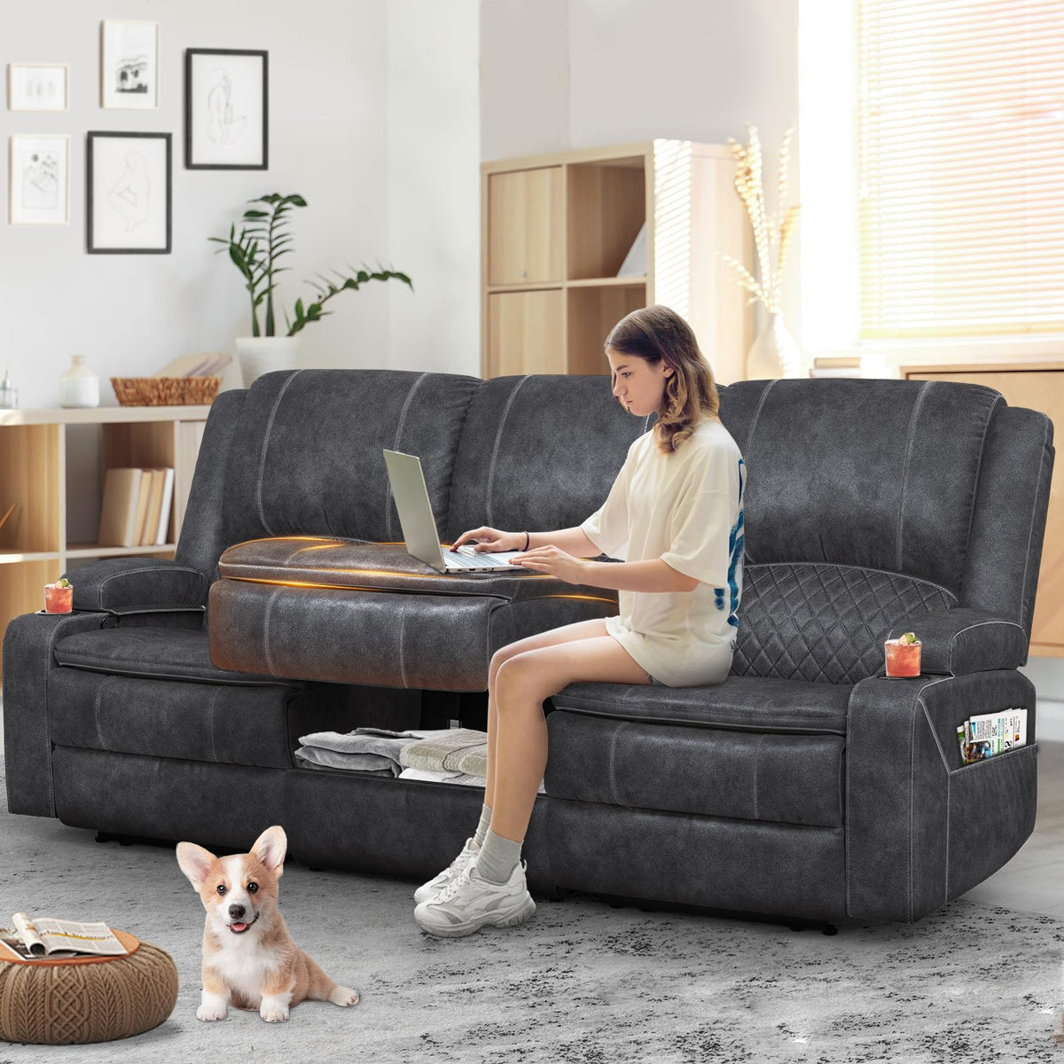 Yolsali Velvet Fabric Recliner Sofa, 3 Seater Manual Reclining Sofa with Multi-Function Middle Seat, Reclining Couches for Living Room with Removable Console, Hidden Storage Space, Cup Holders - Grey