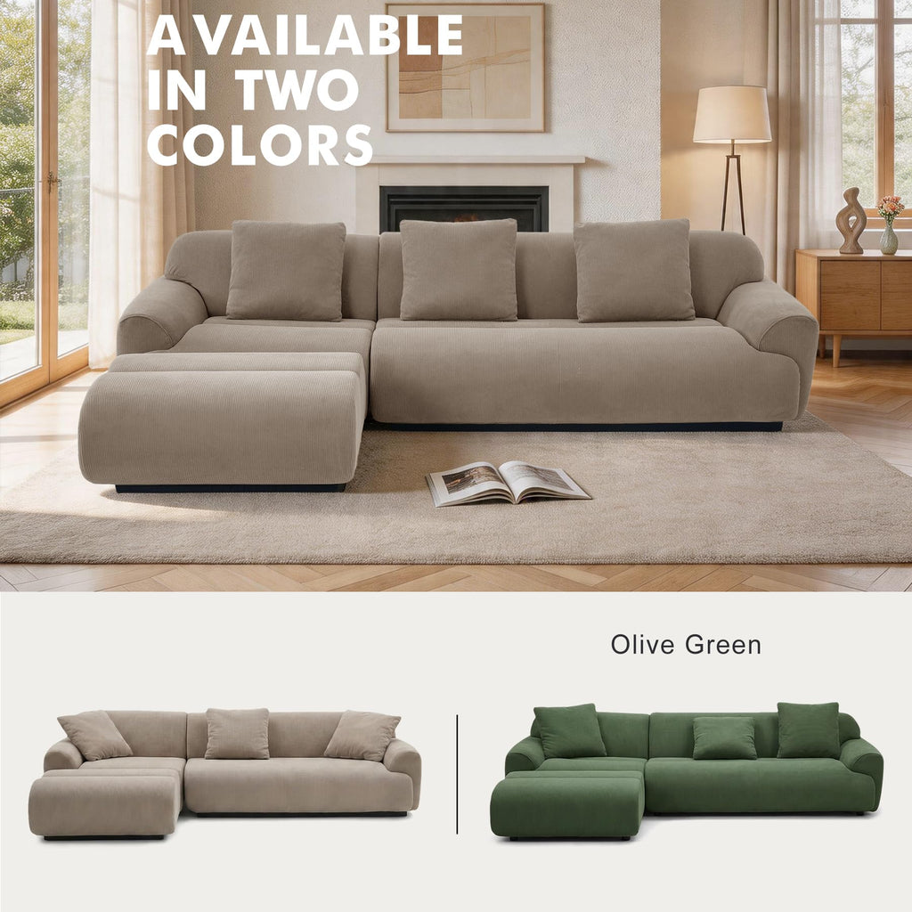 108" Curved Modular Sectional Sofa, Brown Boneless Couch with Ottoman, Corduroy Memory Foam L-Shaped Low Profile Sofa, No Assembly