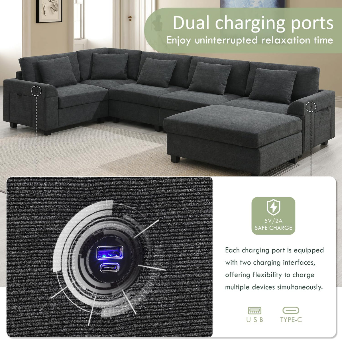 128 67" U Shaped Sectional Sofa Chenille Black Versatile Combination Options Living Room Apartment Modern