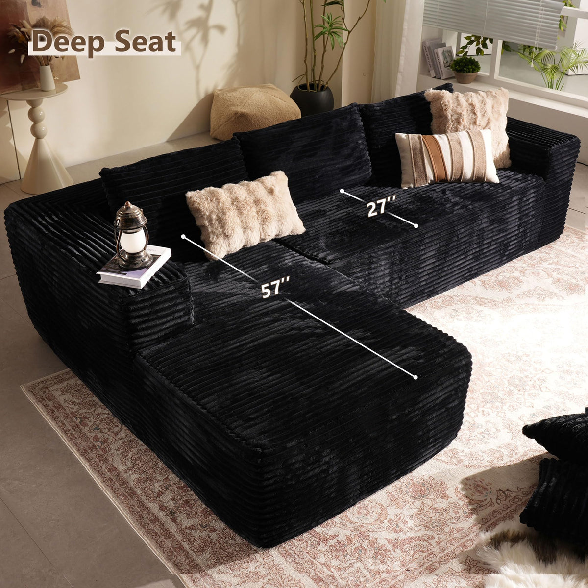 106" Modular Cloud Sectional Sofa Couch - L Shaped Lounge Couches for Living Room with Chaise,Mdoren Minimalist Sleeper Sofa,Deep Seat,No Assembly Required (Black,Plush Fur, Left Facing Chaise)