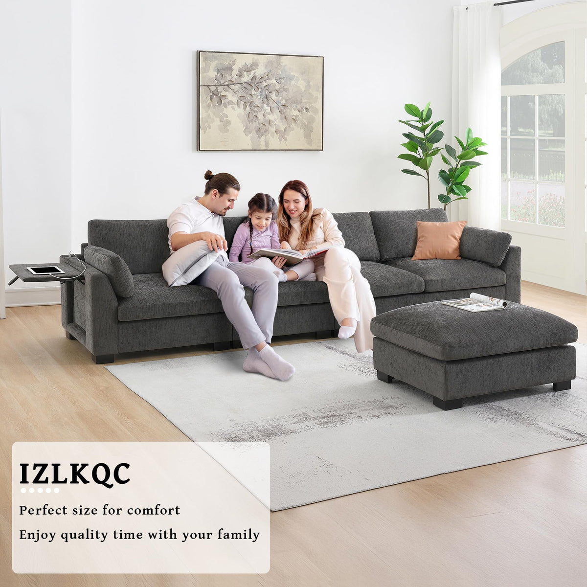 130" Modular Sectional Sofa, Oversized L-Shape Couch, Modern Comfy Chenille Sofa with Folding Table and Dual-Port Charging, Side Storage Pockets, 5 Seat Convertible Couches for Living Room (Charcoal)
