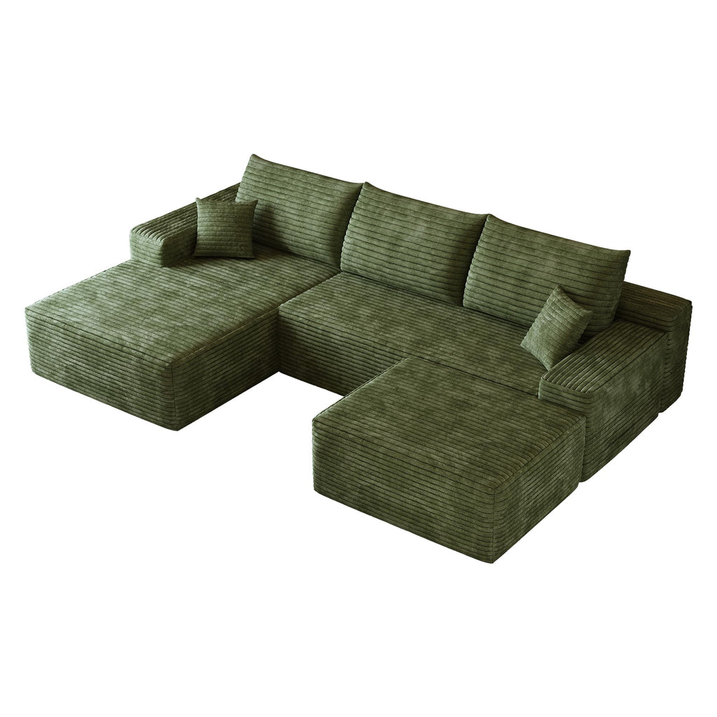 107" Plush Corduroy Deep Seat Chaise Lounge Indoo, Modern Boneless Compressed Floor Sectional Sofa with High-Resilience Foam, Free Combination Modular Cloud Sectional Sofa for Living Room, Green