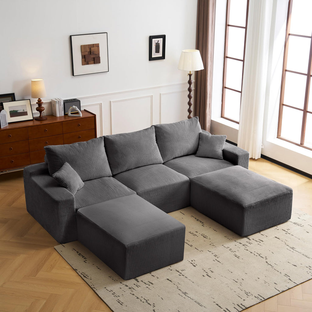 110" L Shaped Sectional Sofa, Full Compression 3 Seater Cloud Couch with Chaise, No Assembly Required Sofa for Living Room, Ultra Soft Deep Seat Modular Sofa(Corduroy, Grey) NE887