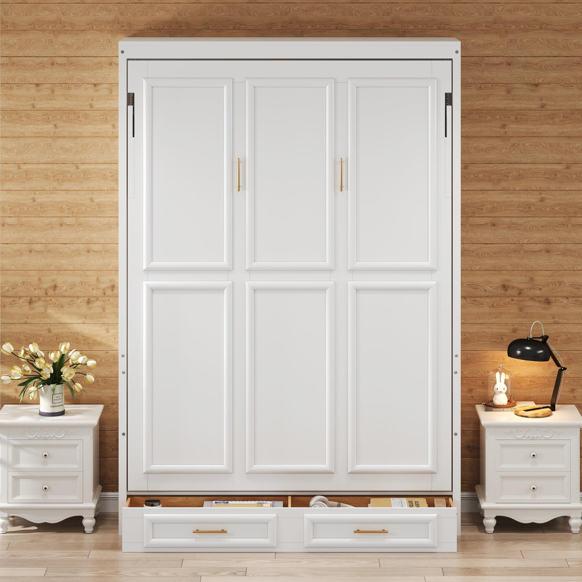Wood Murphy Bed with Sofa, 4 Storage Shelves and USB Charging Station