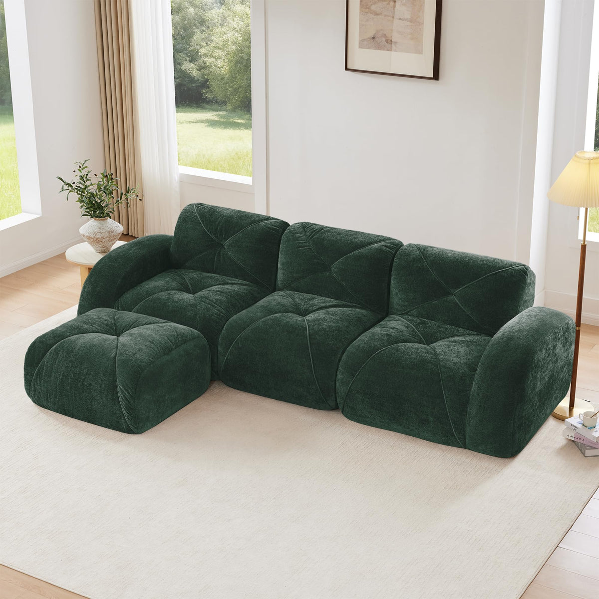 U-Shaped Boneless Sofa, Tufted 32d High Density Sponge Bottom, Anti-Slip Design, No Assembly Required, Free Combination, Movable Ottomans for Living Rooms, Home Theater, Blue