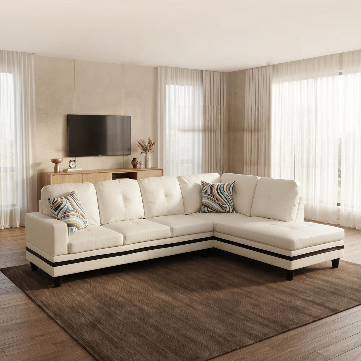103.5" Sectional Couch with Movable Ottoman, L Shaped 4 Seater PU Faux Leather Sofa w/Chaise Lounge, Comfy Modern Modular Couch for Living Room, Apartment, White Stripes, Right, 3PCS