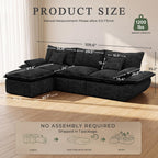 110" Cloud Sectional Couches for Living Room, Convertible L-Shape Couch with Ottoman, 3 Seater Modular Sectional Sofa, Boat-Shaped Fluffy Chenille Couch with Comfy Deep Seats, Black