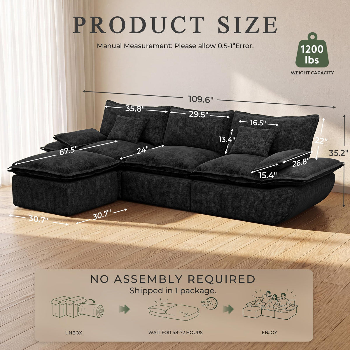 110" Cloud Sectional Couches for Living Room, Convertible L-Shape Couch with Ottoman, 3 Seater Modular Sectional Sofa, Boat-Shaped Fluffy Chenille Couch with Comfy Deep Seats, Black