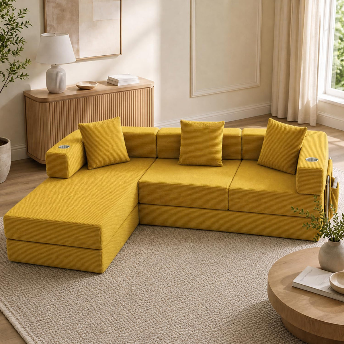 108" Modular Sectional Sofa Bed, L-Shaped Boneless Couch, Yellow