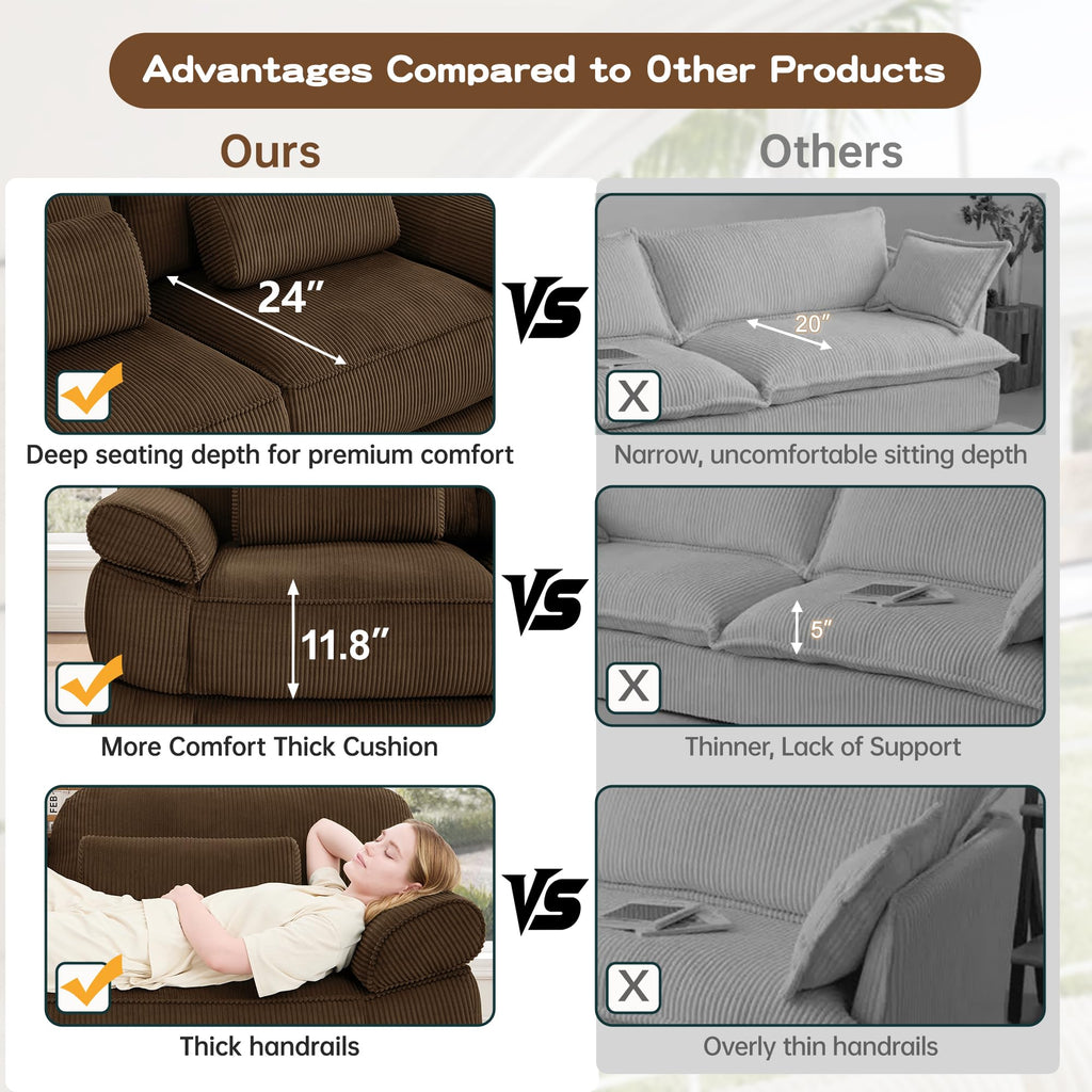 104'' Modular Sectional Couches, Cloud L Shaped Sofa for Living Room, Brown
